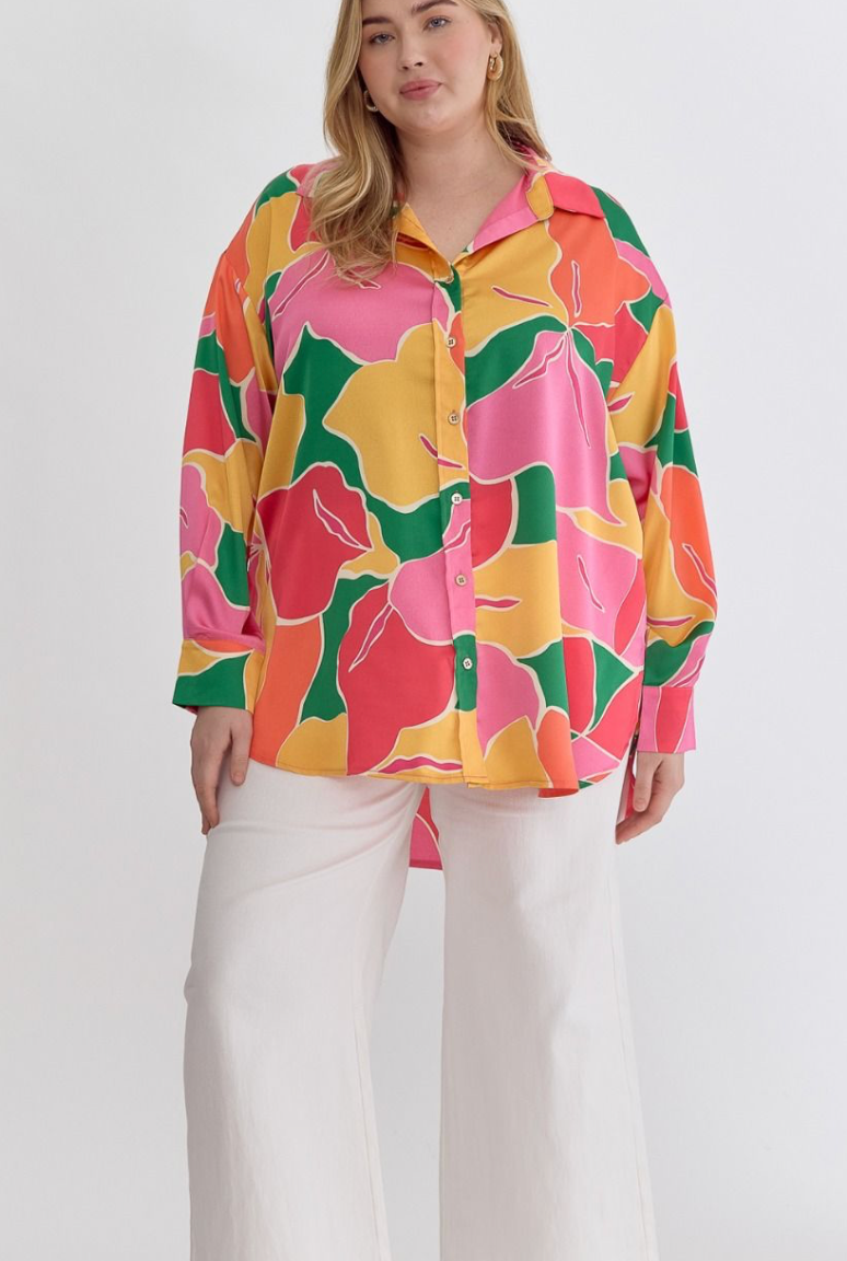 Curvy Gal Tulip Flowers Blouse- Pink/Yellow/Green