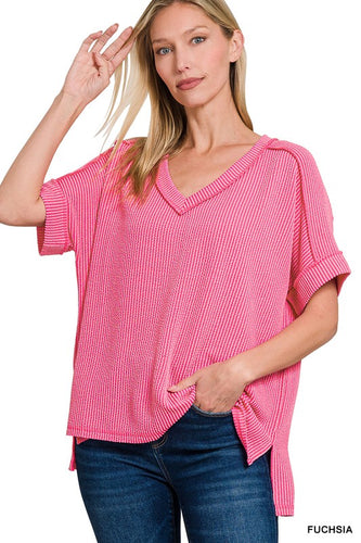 Ribbed V-Neck Tee -Fuchia