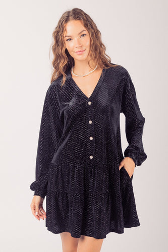 Glitzy Long Sleeve Velvet Mini Dress - Black
