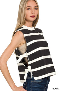 Side Tie Striped Sweater- Black/White
