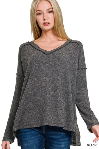 Crystal Ribbed V-Neck Sweater -Black