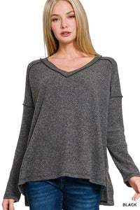 Crystal Ribbed V-Neck Sweater -Black