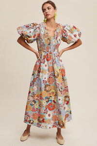 Flower Print Smocked V-neck Puff Sleeve Maxi Dress