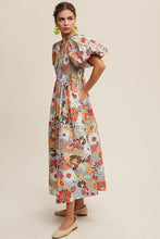 Load image into Gallery viewer, Flower Print Smocked V-neck Puff Sleeve Maxi Dress