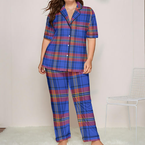 Blue and Red Plaid Women's Trousers Pajamas Set