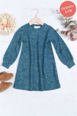 Girls Puffed Long Sleeve Mini Dress - Teal