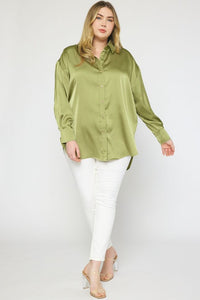 Satin Button Up Blouse - Sage