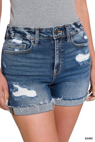 Distressed Cuffed Hem Denim Short- Dk Wash