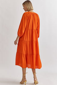 Checked Tiered Midi Dress- Orange