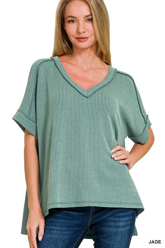 Ribbed V-Neck Tee -Jade