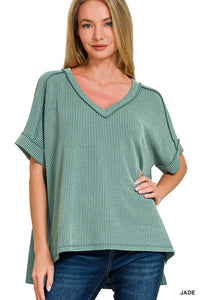 Ribbed V-Neck Tee -Jade