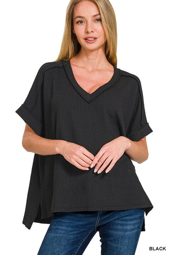 Ribbed V-Neck Tee -Black