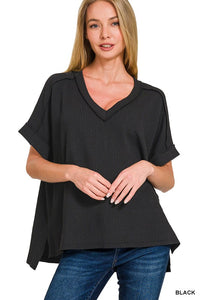 Ribbed V-Neck Tee -Black