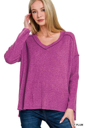 Crystal Ribbed V-Neck Sweater -Lt Plum