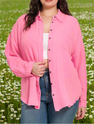 Curvy Double Gauze Button Down -Candy Pink