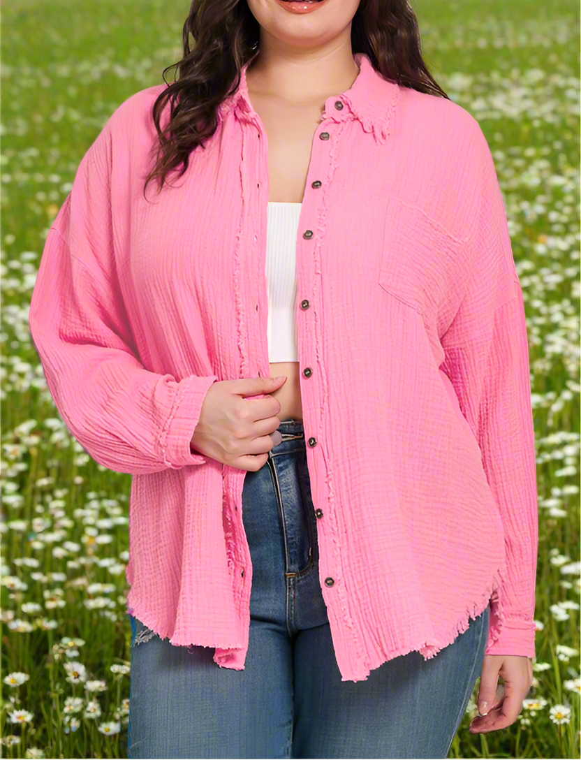 Curvy Double Gauze Button Down -Candy Pink