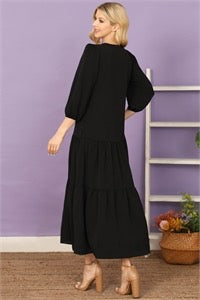 Tiered 3/4 Sleeve Midi Dress - Black