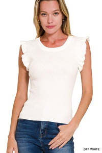 Ruffle Sleeve Ribbed Sweater- Off White