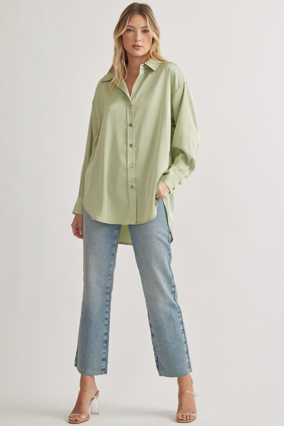 Satin Button Up Blouse - Sage