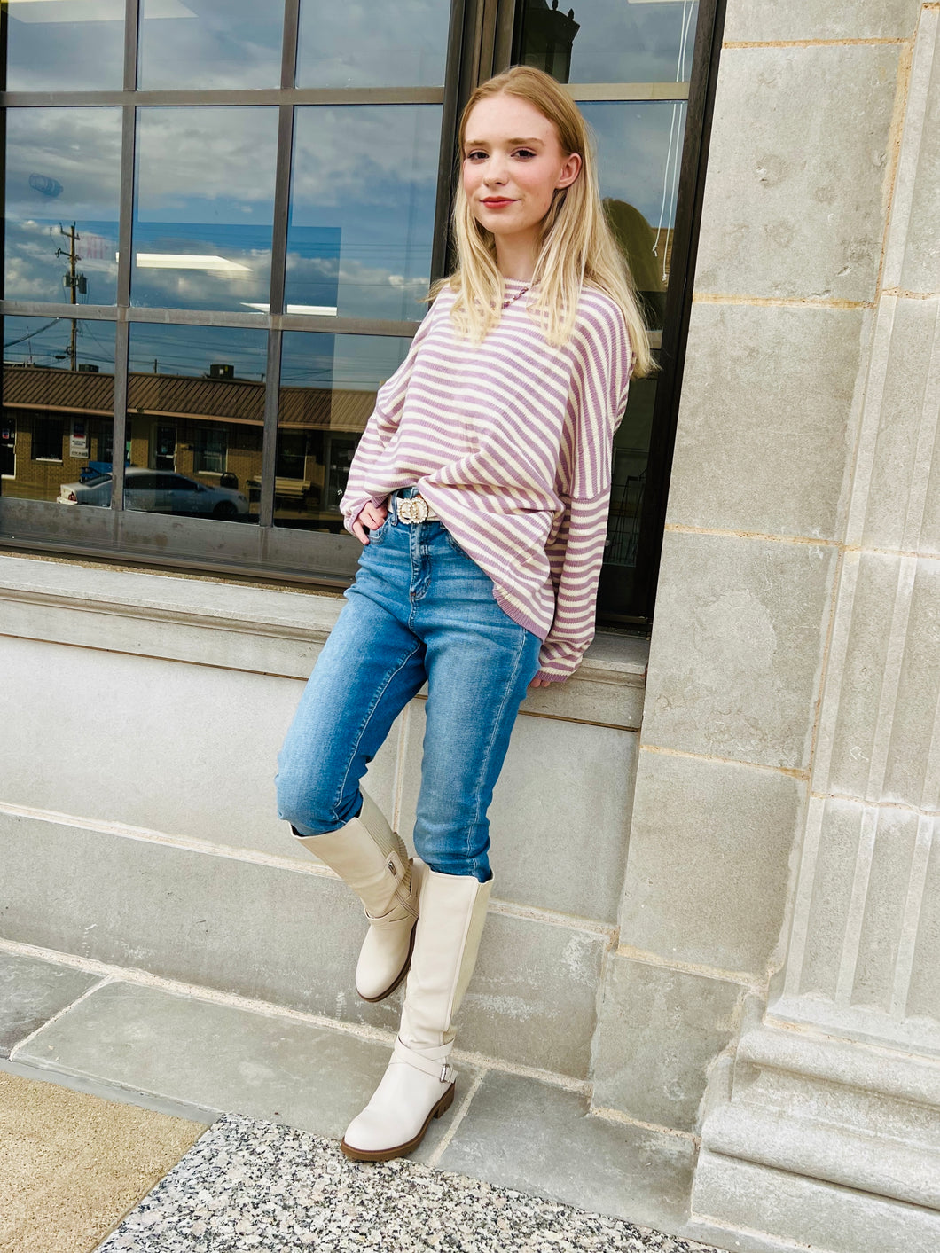 Striped T-Body Sweater - Mauve and Cream