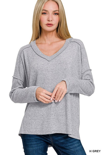 Crystal Ribbed V-Neck Sweater -Ht Grey