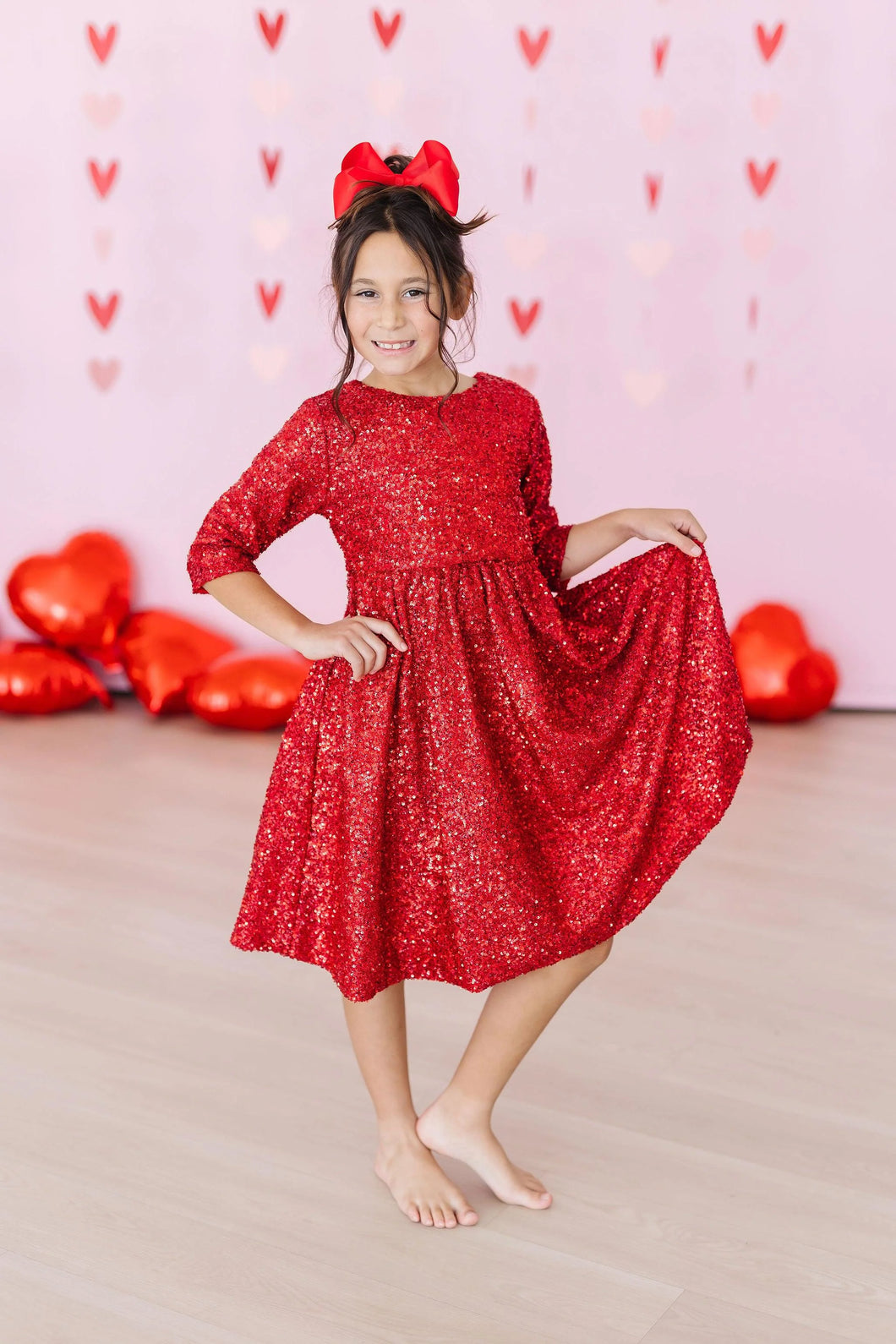 Glam Girl LS Sequin Twirl Dress-Red