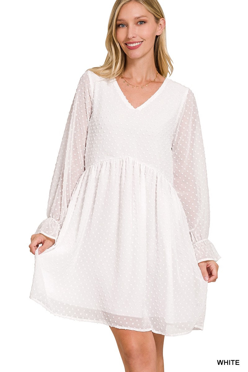 Swiss Dot LS Dress - White
