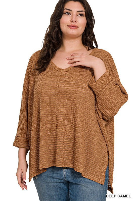 Curvy Gal Jacquard 3/4 Sleeve Sweater -Camel