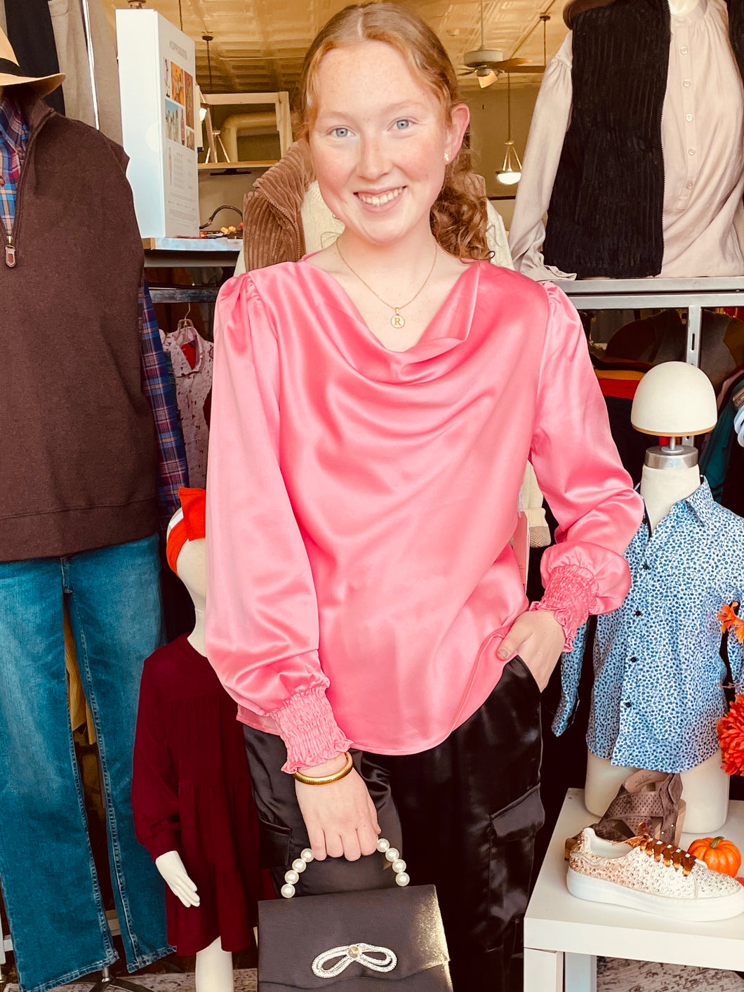 Cowl Neck Satin Blouse- Pink