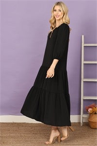 Tiered 3/4 Sleeve Midi Dress - Black