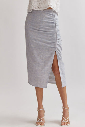 High Waisted Ruched Midi Skirt -Blue