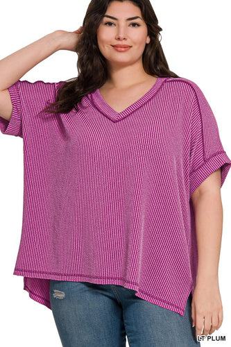 Ribbed V-Neck Tee -Lt Plum