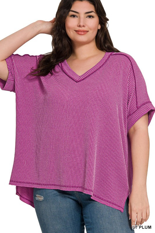 Ribbed V-Neck Tee -Lt Plum