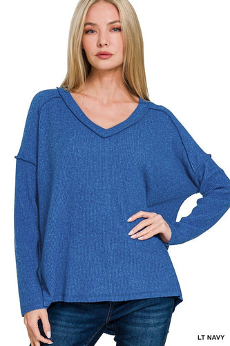 Crystal Ribbed V-Neck Sweater -Lt Navy