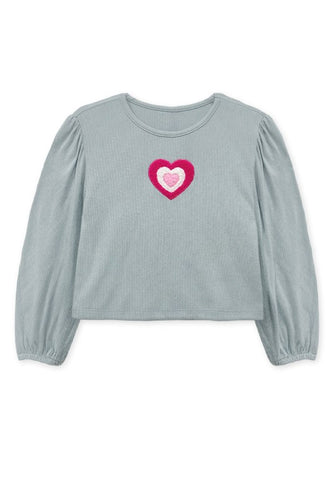 Girls Embroidered Heart LS - Grey