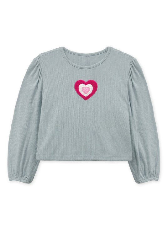 Girls Embroidered Heart LS - Grey