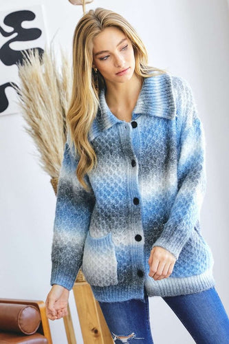 Ombre Striped Collared Cardigan -Blue