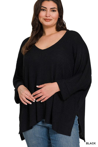 Curvy Gal Jacquard 3/4 Sleeve Sweater -Black