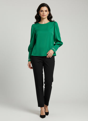 Puff Shoulder Rhinestone Blouse- Green