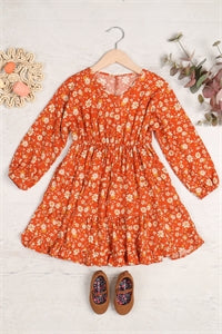 Girls Tiered Long Sleeve Mini Dress - Floral Rust