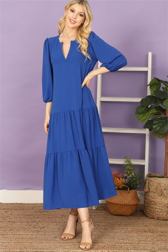 Tiered 3/4 Sleeve Midi Dress - Blue