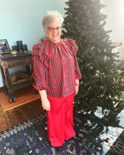 Load image into Gallery viewer, Holiday Plaid Bubble Sleeve Top- Red