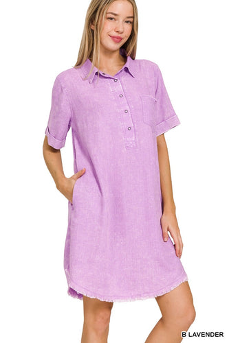 Washed Linen Raw Hem Dress -Lavender