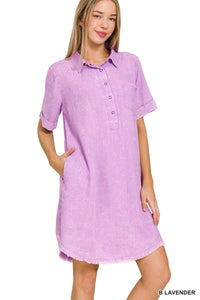Washed Linen Raw Hem Dress -Lavender