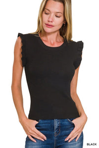 Ruffle Sleeve Ribbed Sweater- Black