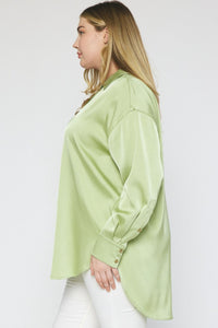 Satin Button Up Blouse - Sage