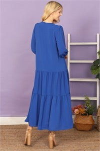Tiered 3/4 Sleeve Midi Dress - Blue