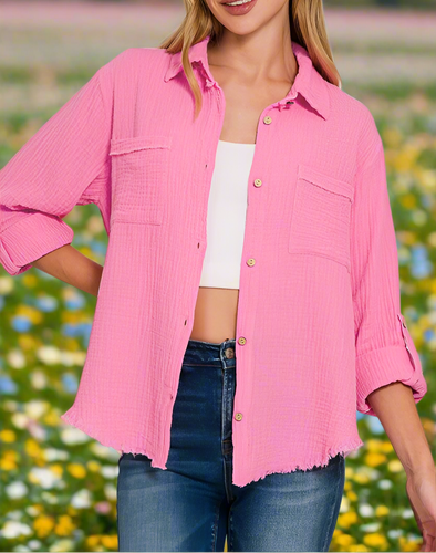 Double Gauze Button Down -Candy Pink