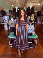 Load image into Gallery viewer, Seeing Stripes Scallop Dress- Brown/Blue
