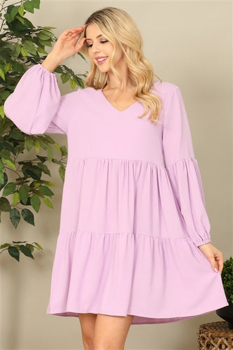 Tiered Long Sleeve Mini Dress - Lavender